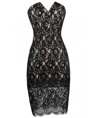 Black Strapless lace Dress, Black and Beige Lace Dress, Little Black Dress, Cute lace Dress, Black Lace Party Dress, Black Lace Cocktail Dress, Black V Cut Dress