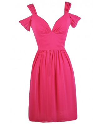 Hot Pink Dual Strap Dress, Bright Pink Off Shoulder Dress, Hot Pink Party Dress, Bright Pink Sundress, Cute Pink Dress