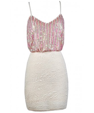 Pink and Ivory Sequin Dress, Pink Sequin Party Dress, Pink and Ivory Bodycon Dress, Pink Embellished Dress