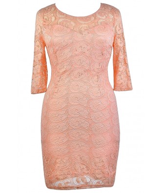 Peach Plus Size Lace Dress, Cute Plus Size Dress, Plus Size Party Dress, Pink Plus Size Lace Dress