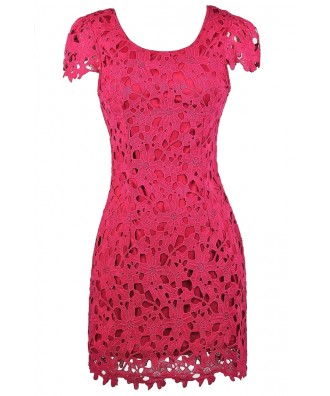 Hot Pink Capsleeve Lace Dress, Bright Pink Lace Pencil Dress, Hot Pink Lace Party Dress, Cute Fuchsia Lace Dress