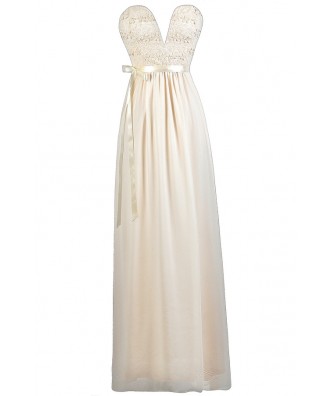 Beige Maxi Dress, Strapless Ivory Maxi Dress, Cute Rehearsal Dinner ...