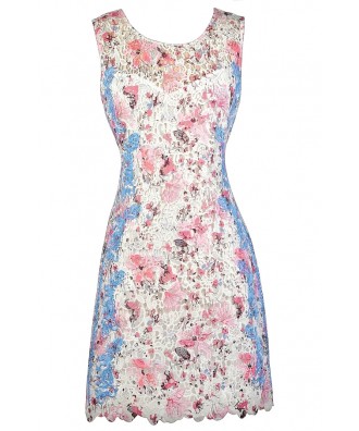 Pink and Blue Lace Dress, Pink Ivory and Blue Sheath Dress, Lace Sheath Dress, Cute Lace Dress