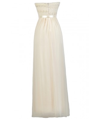 Beige Maxi Dress, Strapless Ivory Maxi Dress, Cute Rehearsal Dinner ...