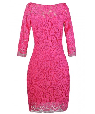 Hot Pink Dress, Hot Pink Lace Dress, Cute Lace Dress, Bright Pink Lace Party Dress, Pink Lace Bodycon Dress, Bright Pink Lace Cocktail Dress