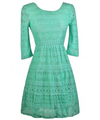 Cute Teal Dress, Teal Lace Dress, Teal Lace Three Quarter Sleeve Dress