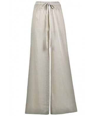 Beige Wide Leg Pants, Beige Pinstripe Linen Palazzo Pants, Swimwear Coverup Pants, Cute Summer Pants, Linen Wide Leg Pants