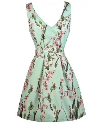 Printed Mint Dress, Mint A-Line Dress, Cherry Blossom Print Mint Dress, Cute Summer Dress, Printed Sundress
