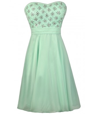 Mint Beaded Dress, Mint Prom Dress, Mint Homecoming Dress, Mint Strapless Dress, Cute Mint Dress