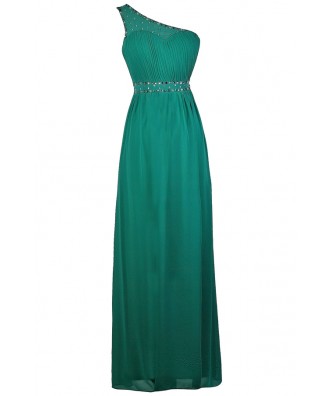 Teal One Shoulder Maxi Dress, Teal Prom Dress, Cute Maxi Dress, Embellished Teal Dress