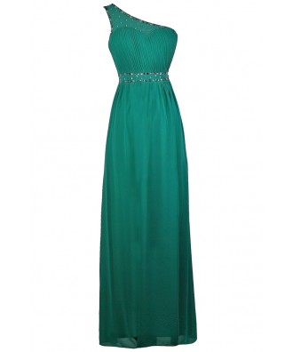 Teal One Shoulder Maxi Dress, Teal Prom Dress, Cute Maxi Dress, Embellished Teal Dress