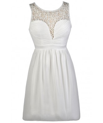 White Crochet Neckline Dress, Cute White Dress, White A-Line Dress ...