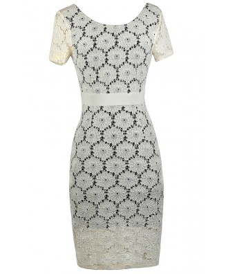 Beige Lace Pencil Dress, Beige and Black Lace Dress, Beige Lace Capsleeve Dress, Cute Beige Lace Dress