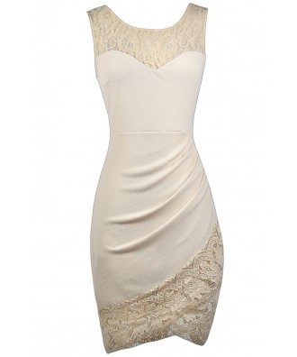 Cute Beige Dress, Beige Lace Dress, Beige Cocktail Dress, Beige Party Dress, Beige Lace Trim Dress