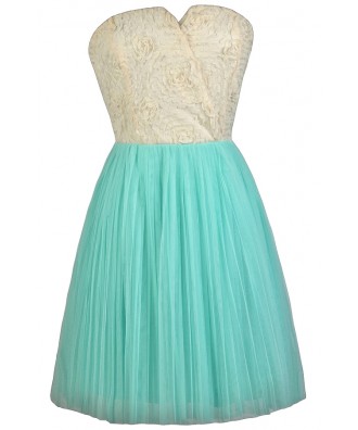 Aqua and Cream Rosette Strapless Dress, Cute Summer Dress, Aqua Bridesmaid Dress, Tulle and Rosette Bridesmaid Dress, Cute Party Dress