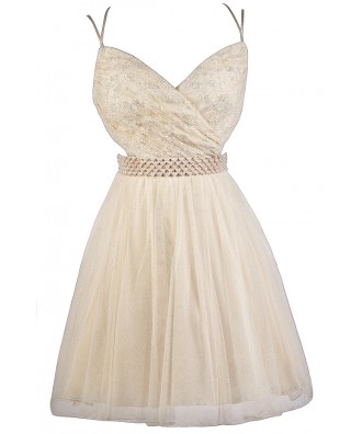Cream and Gold Lace Party Dress, Beige Lace Homecoming Dress, Cream and Gold Lace Party Dress