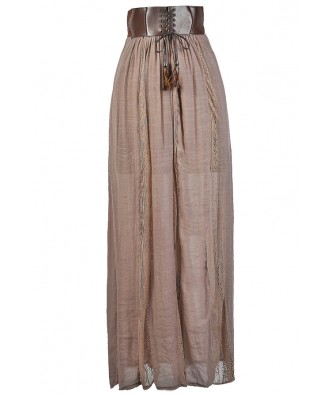 Mocha Maxi Skirt, Cute Maxi Skirt, Prairie Maxi Skirt, Leatherette Waist Maxi Skirt