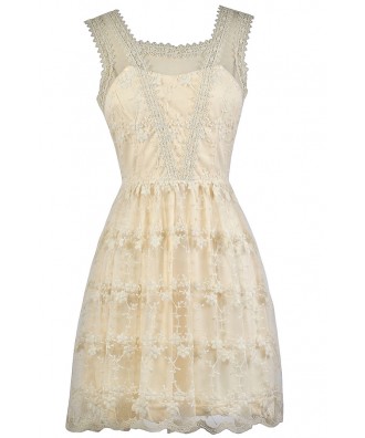 Cream Embroidered Dress, Cute Cream Dress, Cream A-Line Dress, Cute Summer Dress