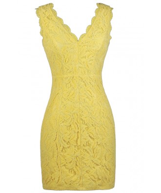 Yellow Lace Dress, Yellow Lace Party Dress, Yellow Lace Cocktail Dress
