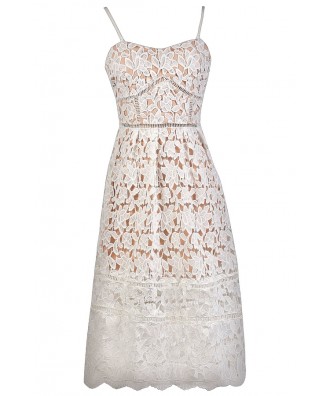 White Lace Midi Dress, White and Beige Lace A-Line Dress, White Lace Rehearsal Dinner Dress, White Lace Bridal Shower Dress