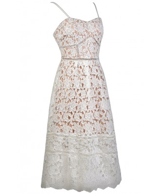 White and Beige Lace Midi Dress, White Lace Midi Dress, Longer Length ...