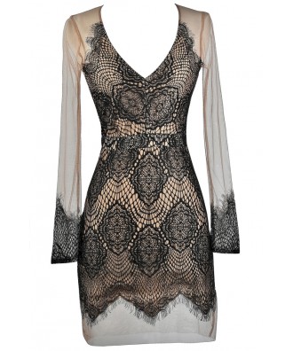 Black and Beige Mesh Lace Dress, Black Lace Fitted Dress, Lace Cocktail Dress, Lace Party Dress