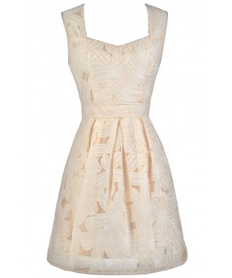 Beige Floral Pattern Dress, Cute Beige Dress, Beige Party Dress, Beige Rehearsal Dinner Dress