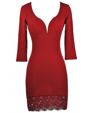 Burgundy Lace Trim Dress, Cute Holiday Dress, Red Lace Trim Dress Lily ...