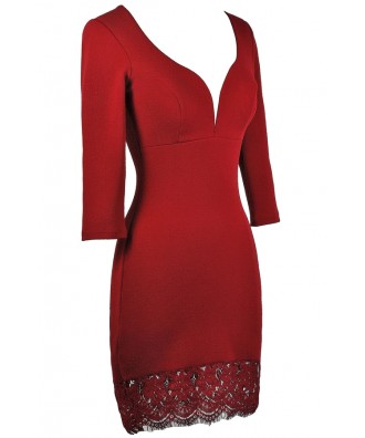 Burgundy Lace Trim Dress, Cute Holiday Dress, Red Lace Trim Dress Lily ...