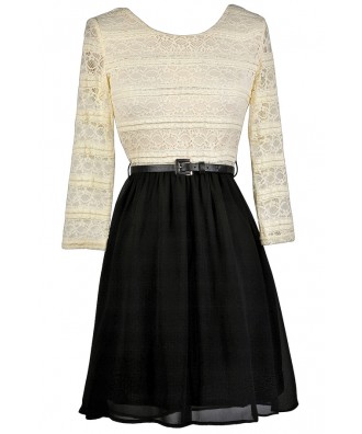 Black and Beige Lace Dress, Cute Fall Dress, Black and Beige Belted Dress