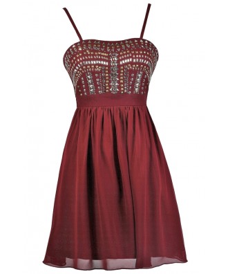 Burgundy Embellished Party Dress, Burgundy Stud Embellished Dress, Burgundy Cocktail Dress