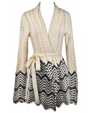 Black and Beige Chevron Sweater, Cute Winter Sweater, Black and Beige Cardigan Sweater