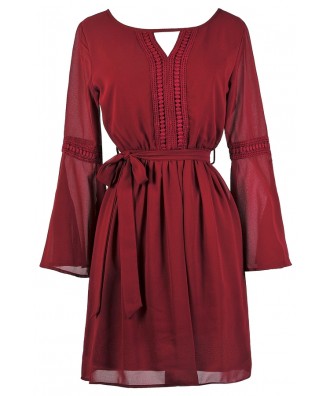 Cute Burgundy Dress, Cute Fall Dress, Burgundy Bell Sleeve Hippie Dress