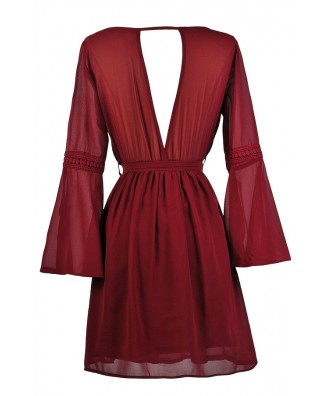 Burgundy Bell Sleeve Hippie Dress, Cute Fall Dress, Cute Burgundy Dress ...