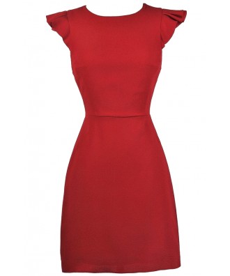 Red Sheath Dress, Red Party Dress, Red Cocktail Dress, Red Flutter Sleeve Dress