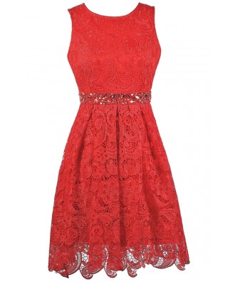 Red Lace A-Line Dress, Red Lace Party Dress, Red Lace Bridesmaid Dress ...