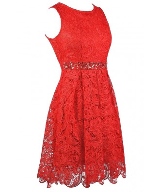 Red Lace A-Line Dress, Red Lace Party Dress, Red Lace Bridesmaid Dress ...