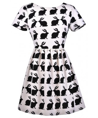 Bunny Print Dress, Black and White Bunny Print Dress, Cute Rabbit Print Dress, Bunny Silhouette Dress