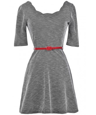 Black White and Red Belted Dress, Black and White Tweed Dress, Cute Fall Dress, Cute Holiday Dress