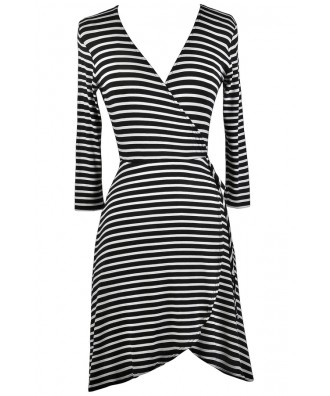 Black and White Stripe Wrap Dress, Cute Wrap Dress, Black and White Nautical Stripe Dress