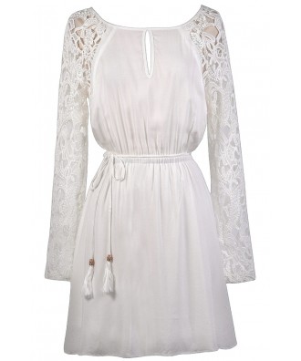 Off White Crochet Sleeve Dress, Cute Fall Dress, Cute Boho Dress, Off White Sundress