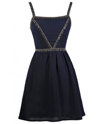 Navy Blue Beaded Embellished Cocktail Party Dress