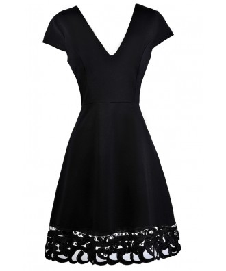 Cute Black Dress, Little Black Dress, Black Capsleeve A-Line Dress, Black Party Dress, Black Lace Trim Dress