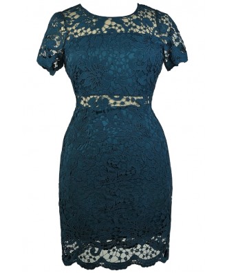 Cute Plus Size Dress, Plus Size Teal Lace Dress, Plus Size Lace Sheath ...