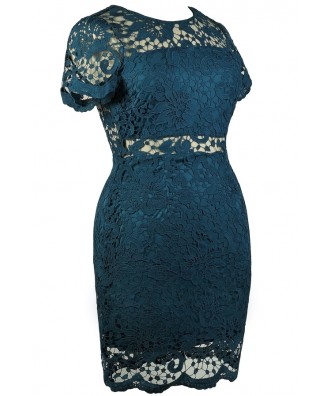 Cute Plus Size Dress, Plus Size Teal Lace Dress, Plus Size Lace Sheath ...