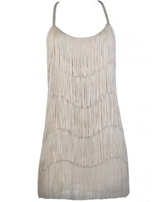 Beige Fringe Dress, Cute Party Dress, Roaring 20s Dress, Great Gatsby Dress