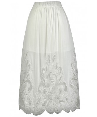 White Lasercut Midi Skirt, Cute White Skirt, Longer Length White Skirt