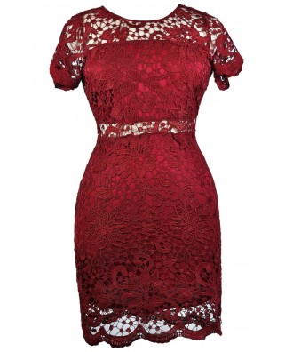 Cute Plus Size Dress, Red Plus Size lace Dress, Burgundy Lace Sheath Dress, Online Boutique Dress