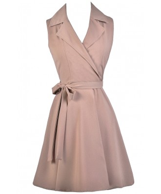 Cute Work Dress, Beige Shirt Wrap Dress, Cute Taupe Dress