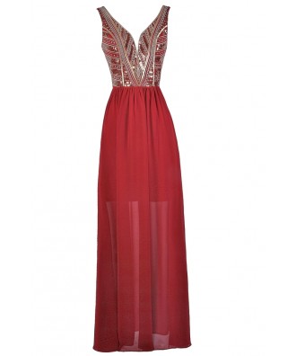 Red and Gold Maxi Dress, Red Prom Dress, Cute Red Dress